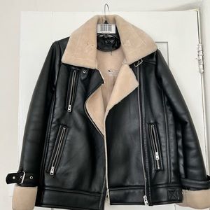 Black faux leather shearling lined bomber jacket - TOPSHOP